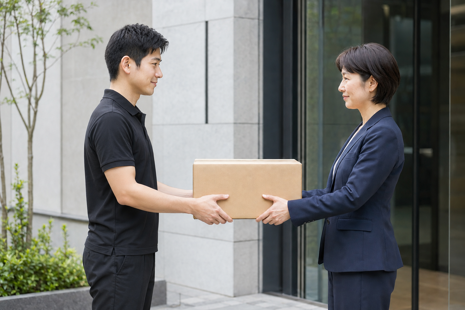 配送スタッフが法人担当者へ荷物を丁寧に受け渡すイメージ